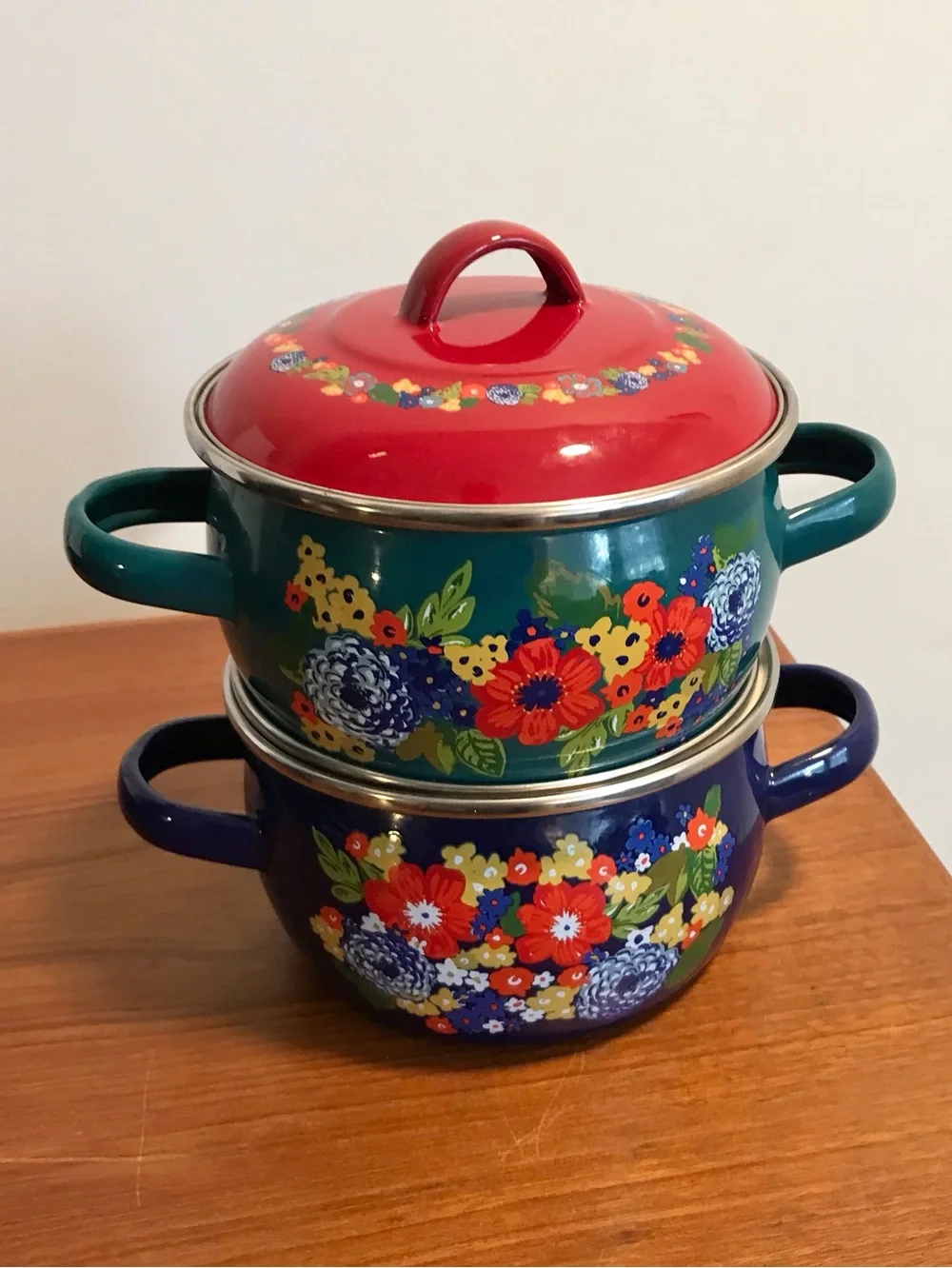 Pioneer Woman 1 Qt Mini Dutch Oven  Dazzling Dahlias Floral EUC lot of 2 w Lids
